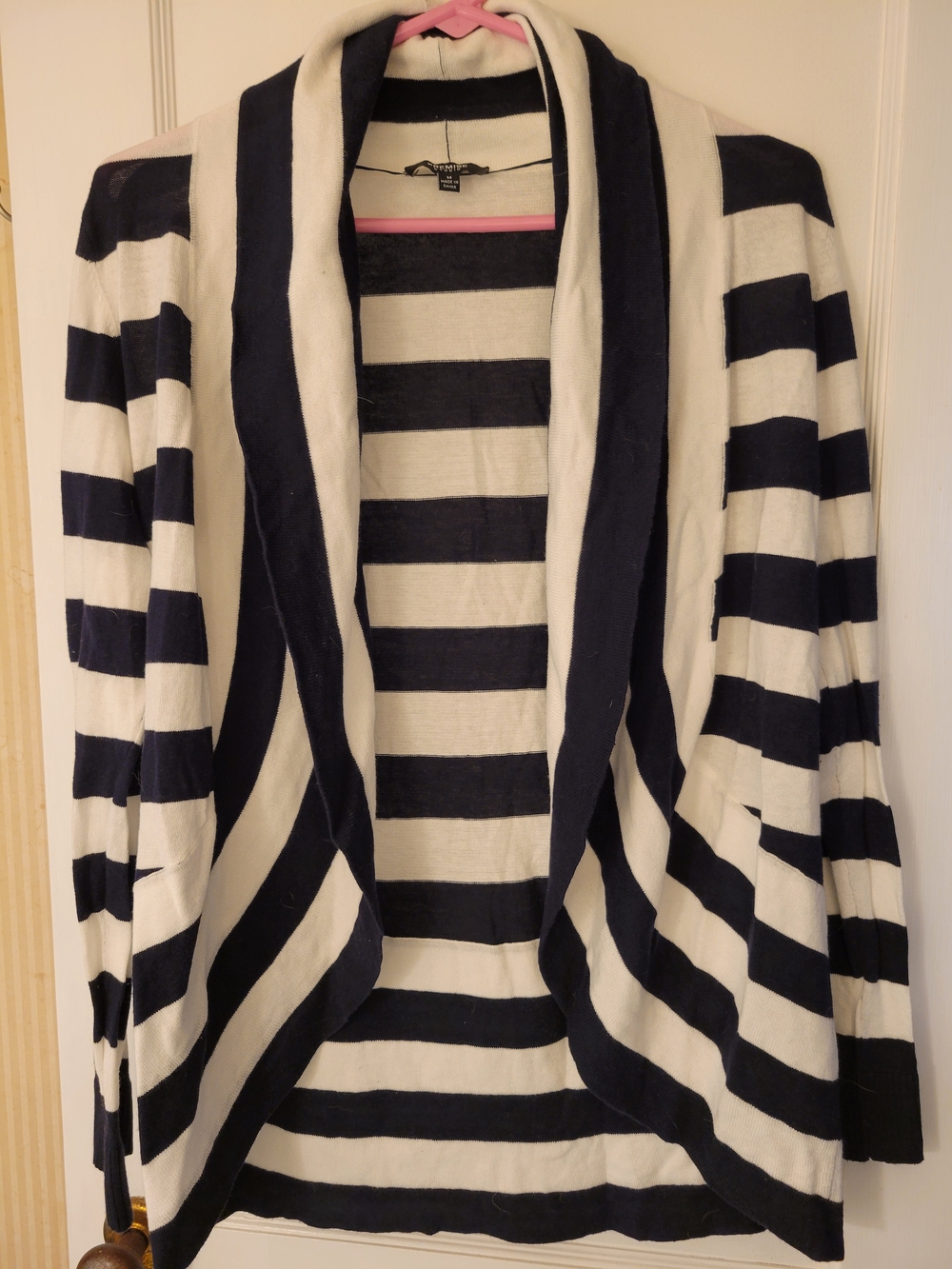 Premise Dark Navy and White Striped Open-Front Shawl Cardigan